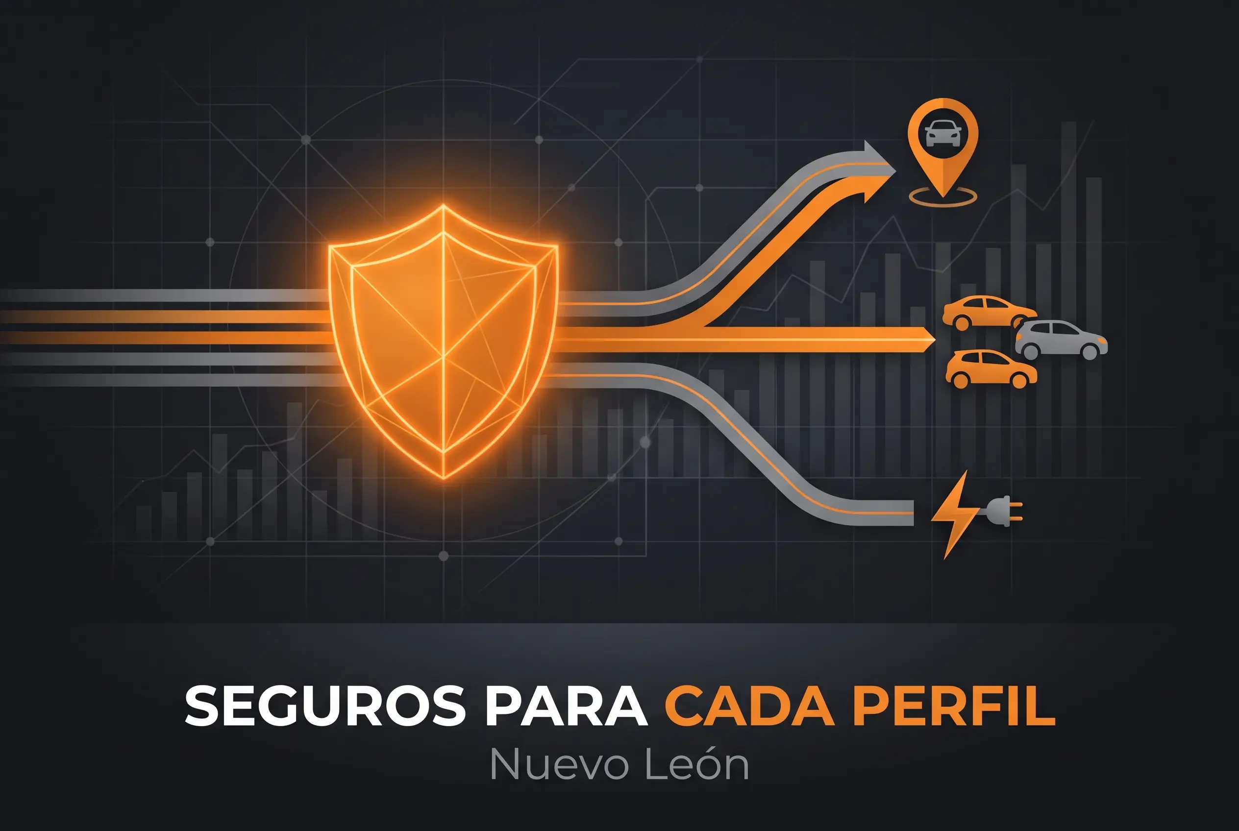 Ilustración de un escudo de protección naranja del que salen tres rutas hacia íconos de auto de plataforma, flotilla de empresa y auto eléctrico, sobre fondo oscuro, representando los seguros digitales de Odessa Tek para Uber, flotillas y autos eléctricos en Nuevo León.